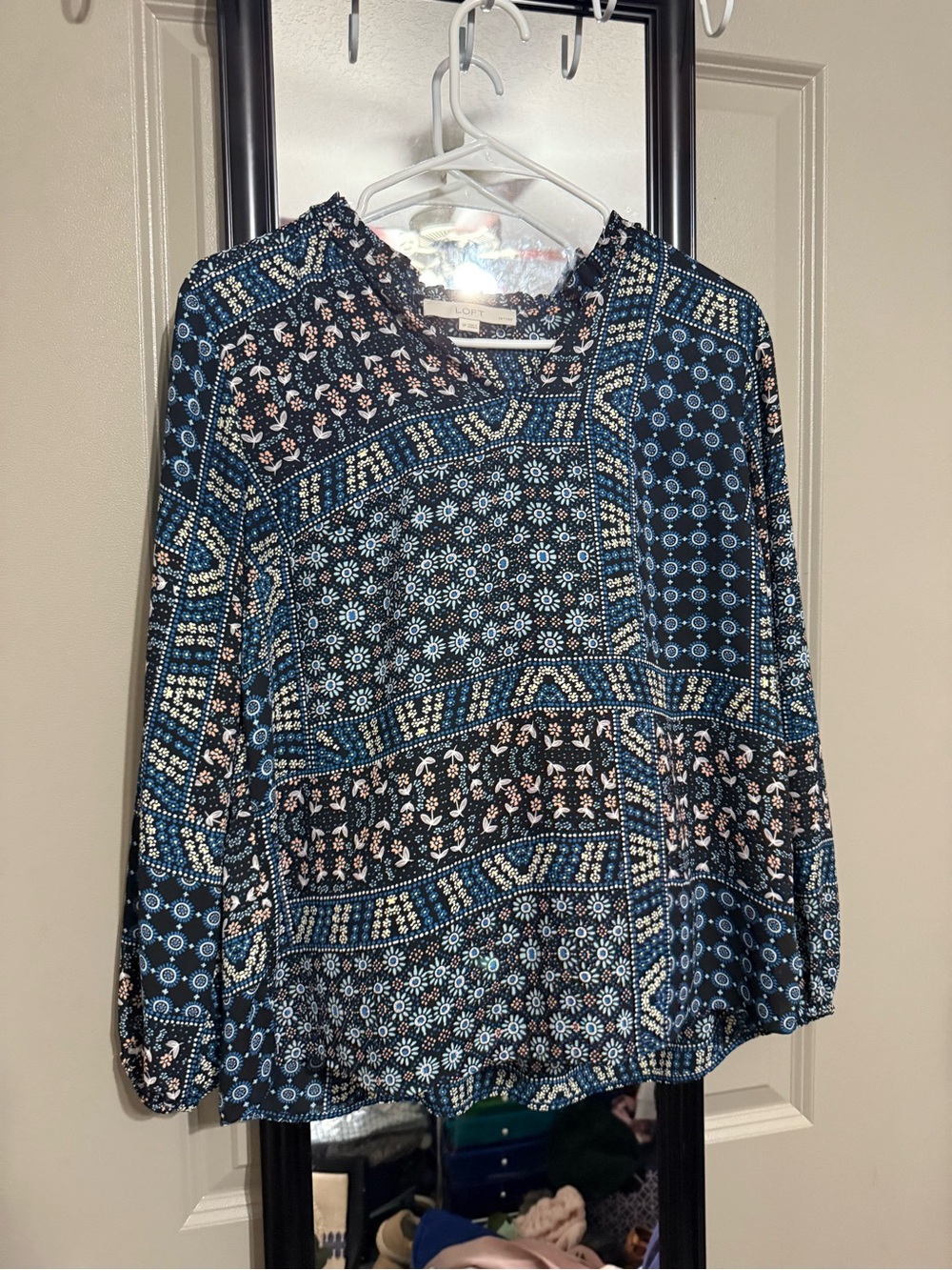 LOFT Navy and Light Blue Patterned Long-Sleeve Blouse